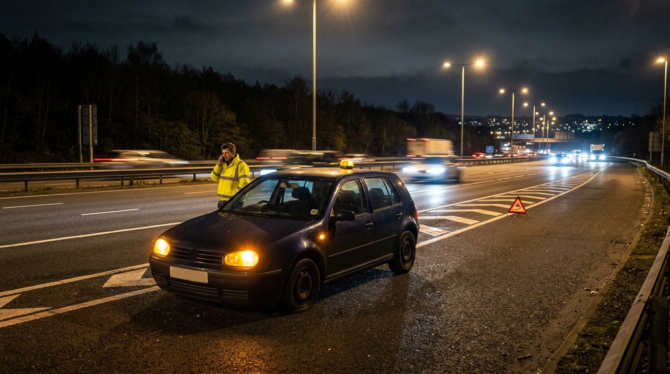 Tesla Model 3 stranded on the M60 motorway at midnight awaiting specialist EV recovery from MW Recovery Manchester