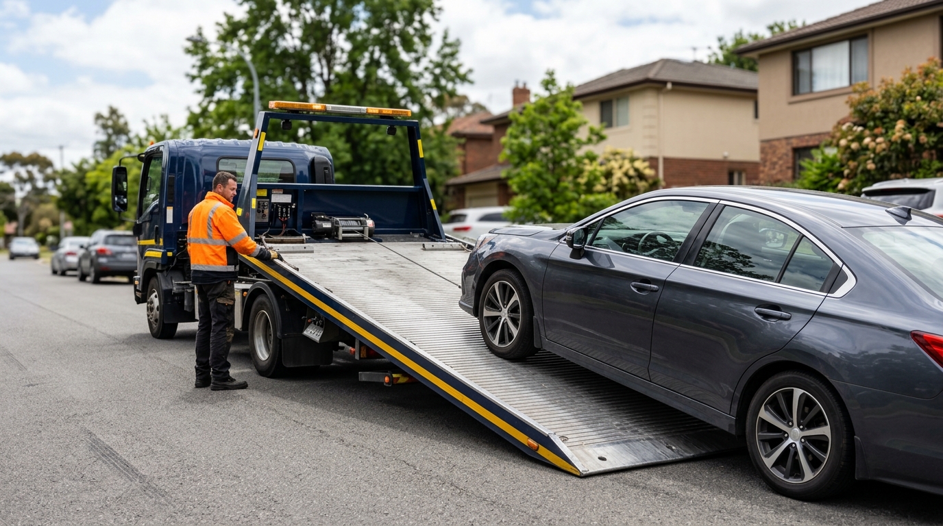 Flatbed tow truck loading a broken down car in the UK