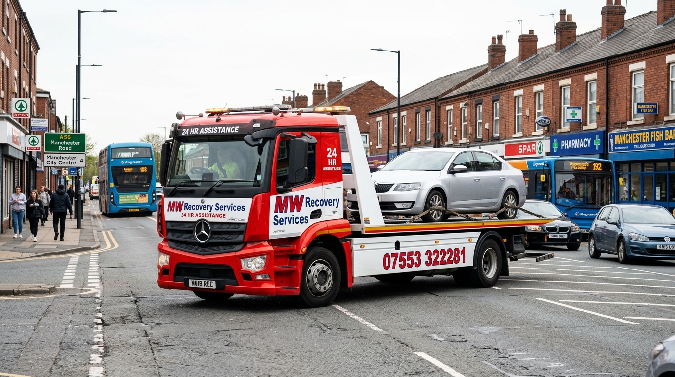 MW Recovery tow truck on a Manchester road