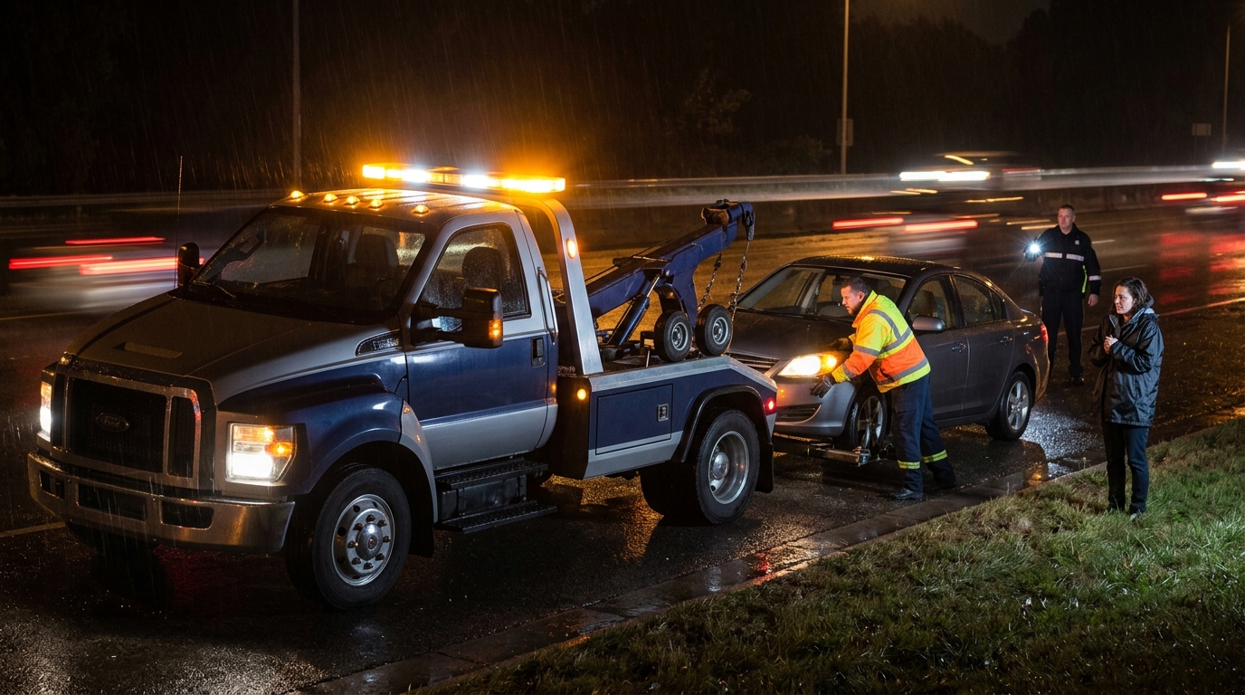 Emergency tow truck responding to a night breakdown callout