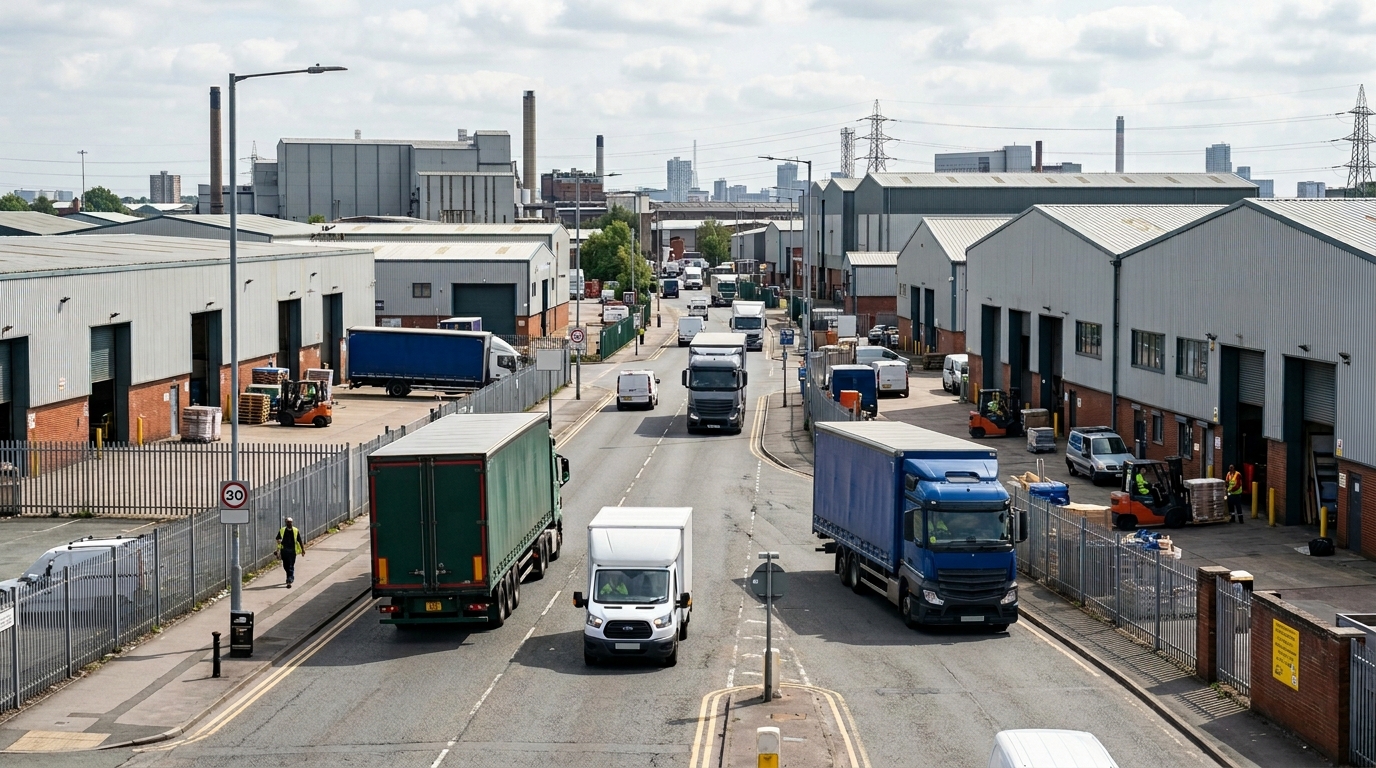 Trafford Park industrial estate road with warehouses and commercial vehicles during morning delivery window