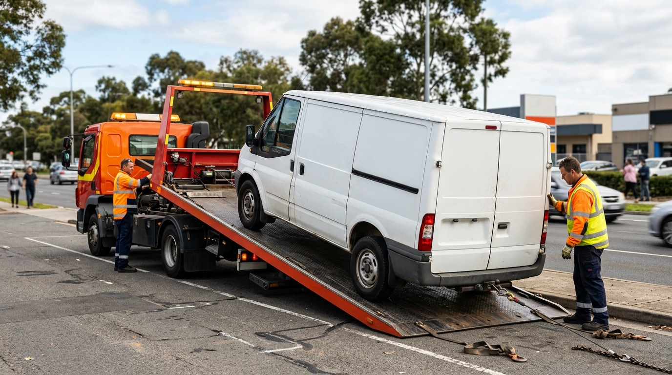 Ford Transit Custom van being loaded onto a flatbed recovery truck at Trafford Park Manchester