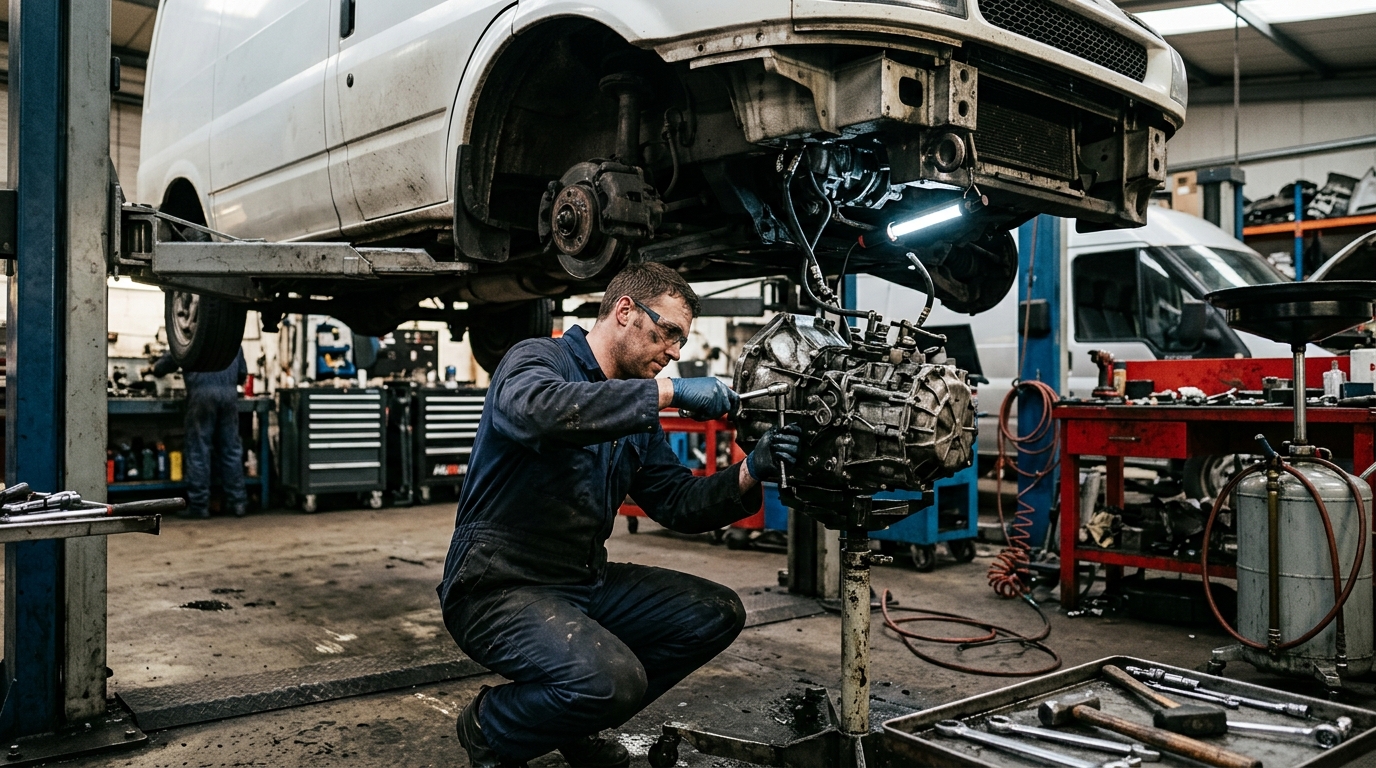 Mechanic carrying out same-day gearbox repair on Ford Transit van at MW Recovery workshop in Salford