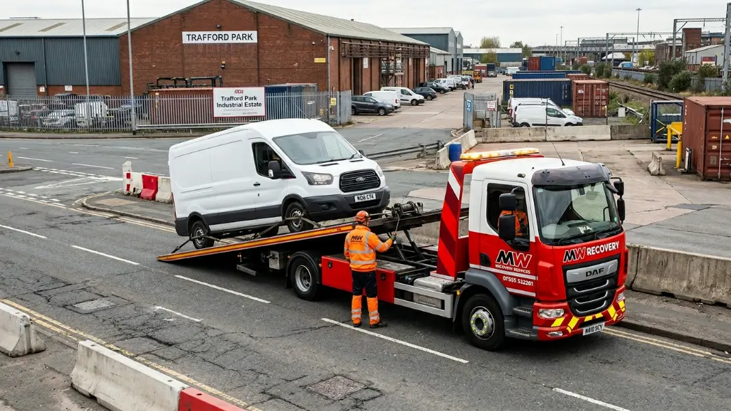 MW Recovery flatbed truck loading a commercial van on a Manchester road for recovery