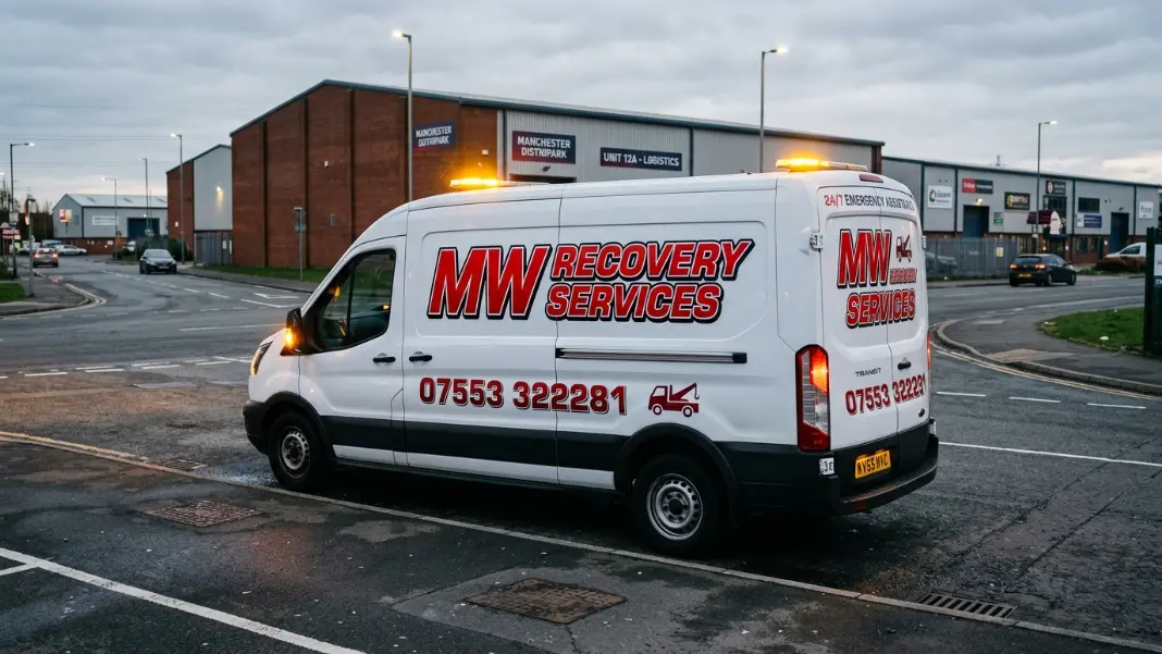 Commercial van broken down at the roadside in Greater Manchester with hazard lights on