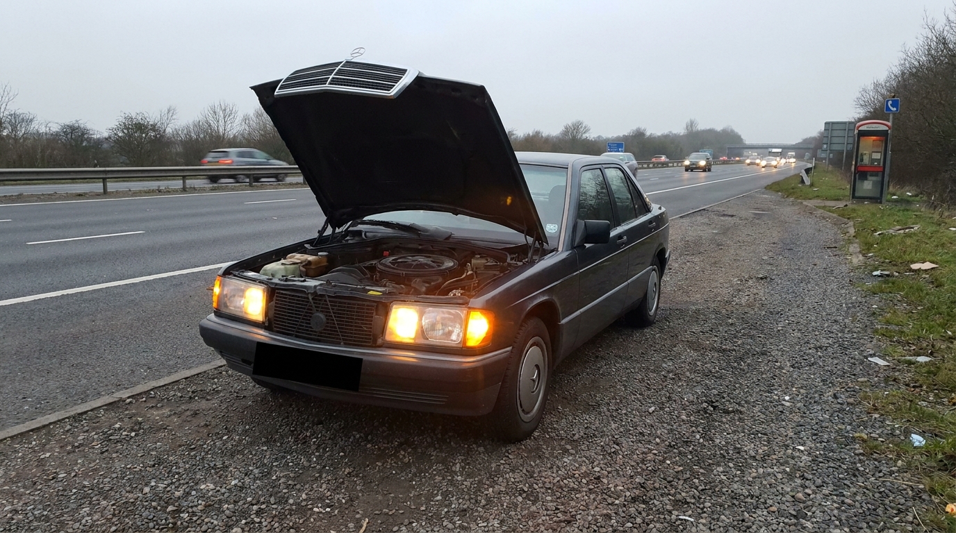 Broken down car on motorway hard shoulder with hazard lights on