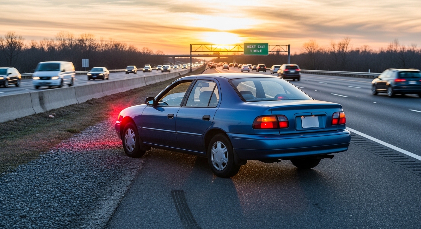 Car stopped on the hard shoulder with hazard lights on during a motorway breakdown