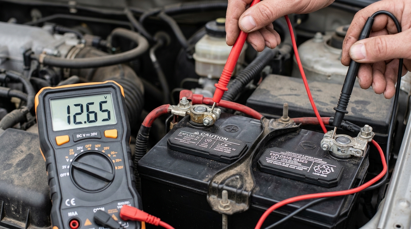 Multimeter testing a car battery voltage at the roadside