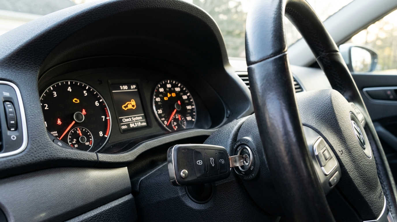 Car key fob next to a dashboard showing an immobiliser warning light