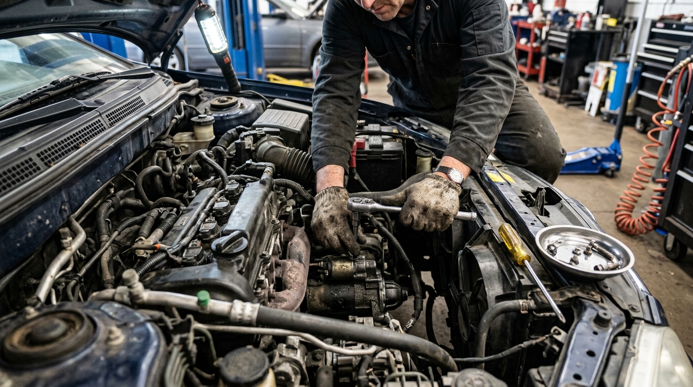 Mechanic diagnosing a starter motor fault in the engine bay