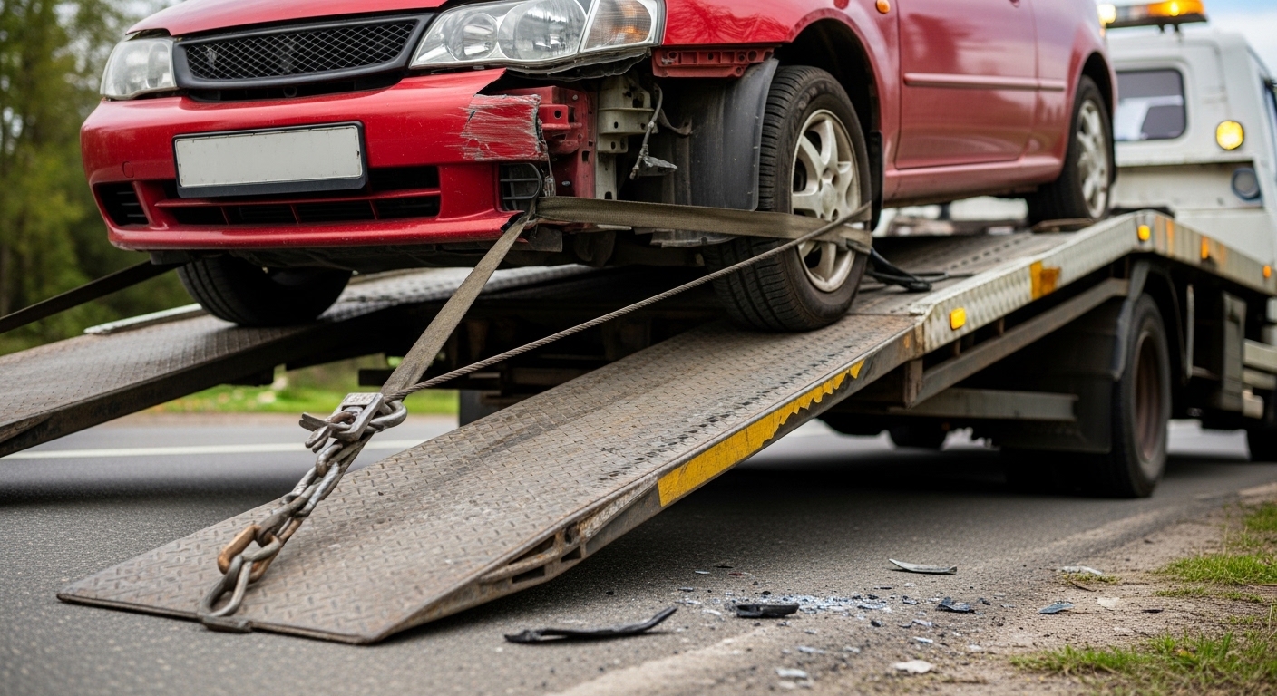 Close-up of winch recovery equipment securing a vehicle onto a flatbed truck in Greater Manchester