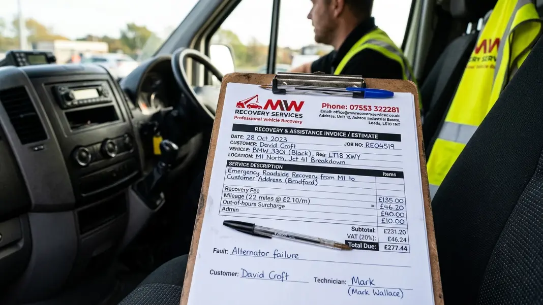 Car recovery invoice on clipboard inside recovery vehicle cab