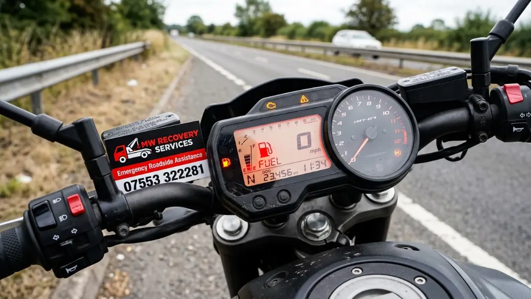 Motorcycle instrument cluster showing warning light and low fuel indicator