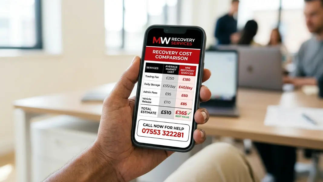 Person holding phone showing car recovery cost comparison
