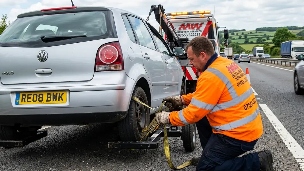 Recovery operator attaching a tow bar to a car on a UK roadside