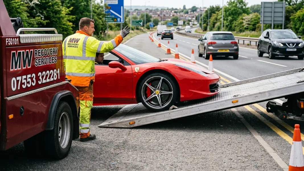 Close-up of a tilt-slide recovery truck bed angled down with a sports car rolling on