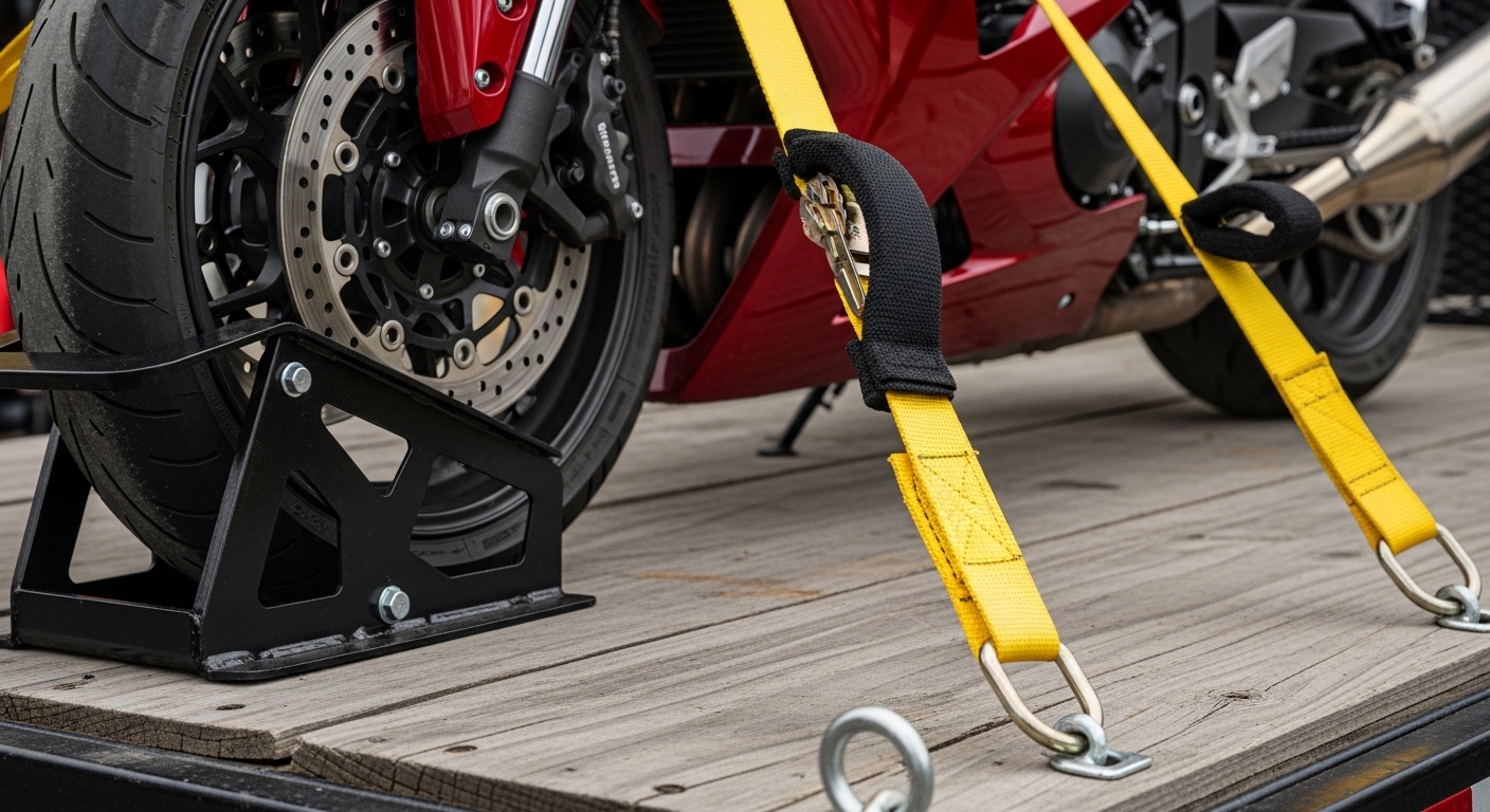 Specialist motorcycle securing equipment with wheel chock and soft straps