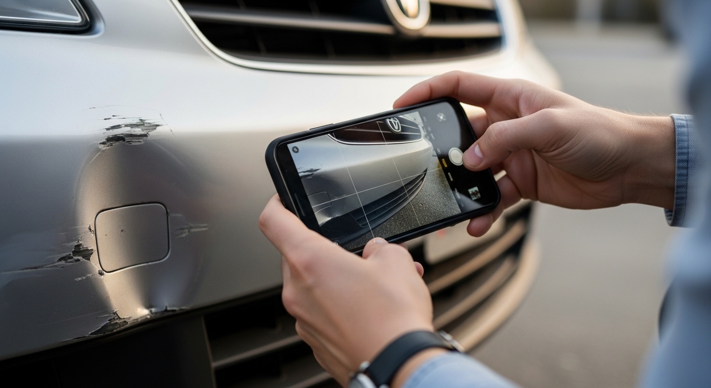 Documenting car accident damage with a phone for insurance claims in Manchester