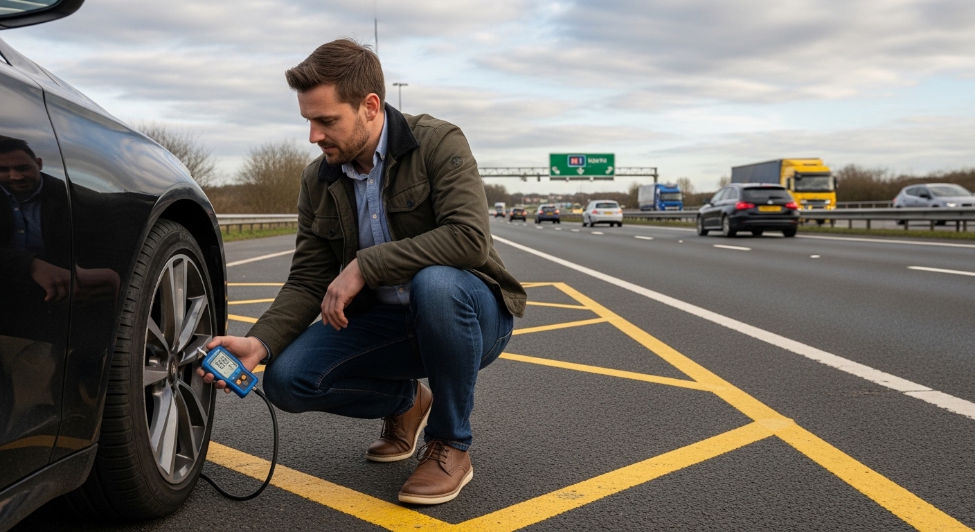 Driver checking tyre pressure before a motorway journey