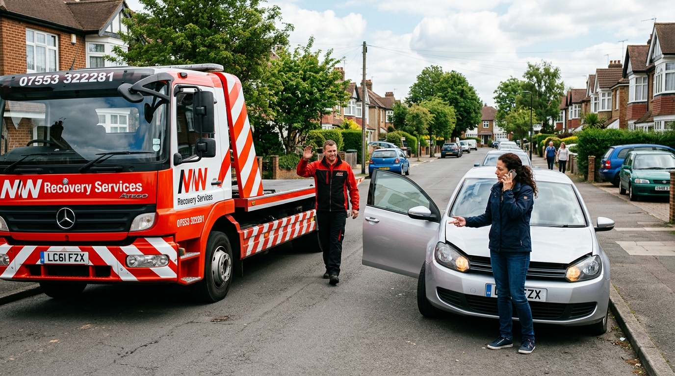 Driver next to broken-down car on residential street making phone call