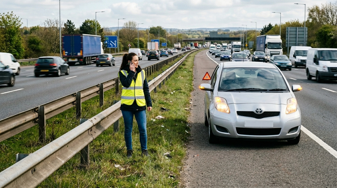 Driver standing safely behind a motorway barrier after a tyre blowout on the M60
