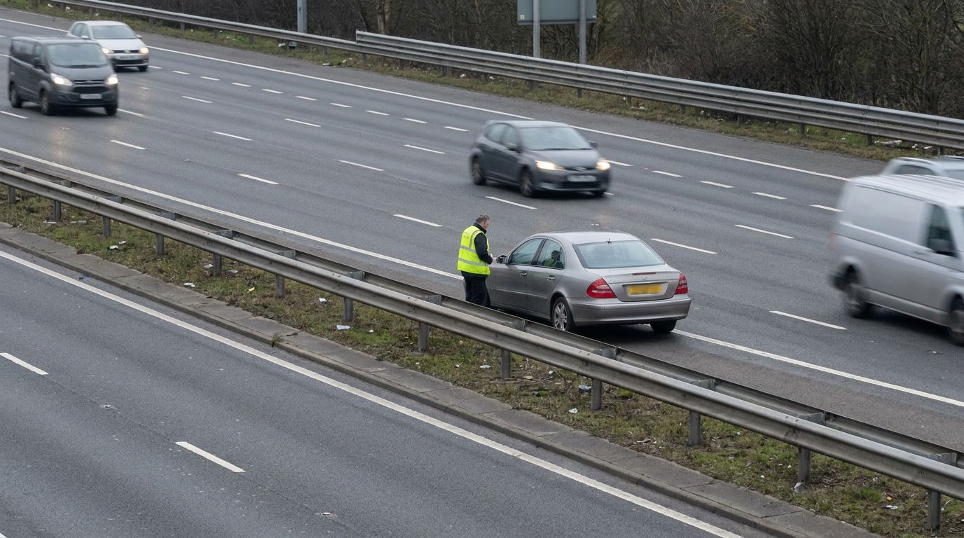 Driver waiting safely behind barrier on motorway hard shoulder
