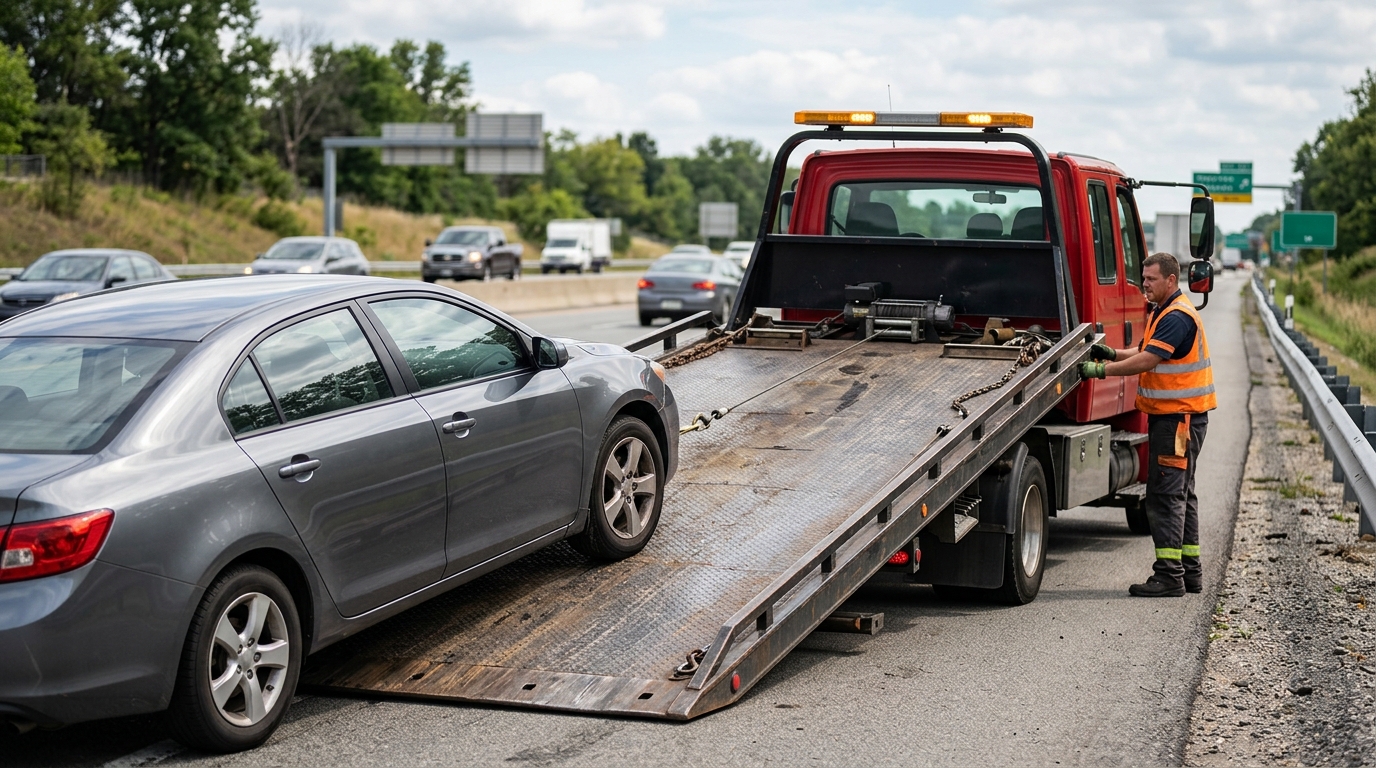 Flatbed tow truck safely loading a hybrid car for recovery in Manchester