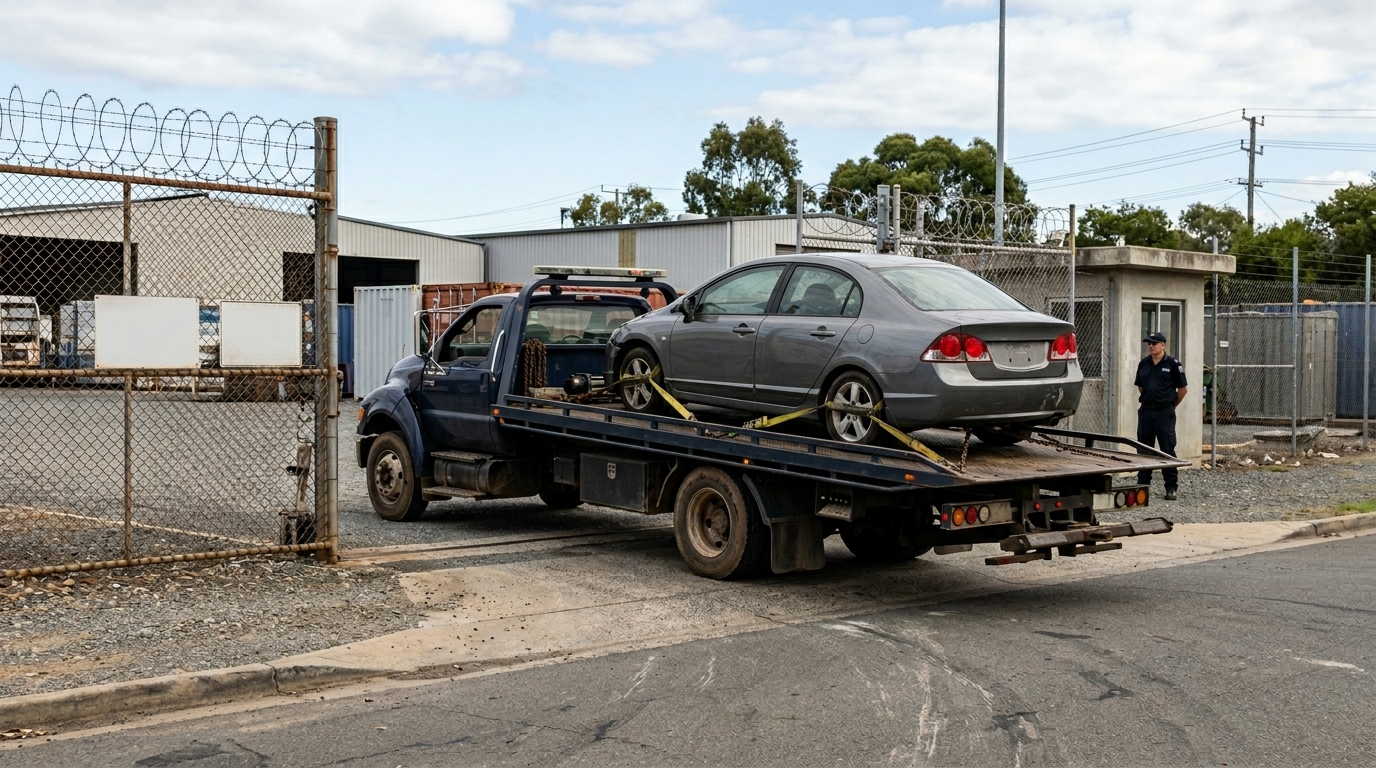 Flatbed truck collecting an impounded car from a secure vehicle compound in Greater Manchester