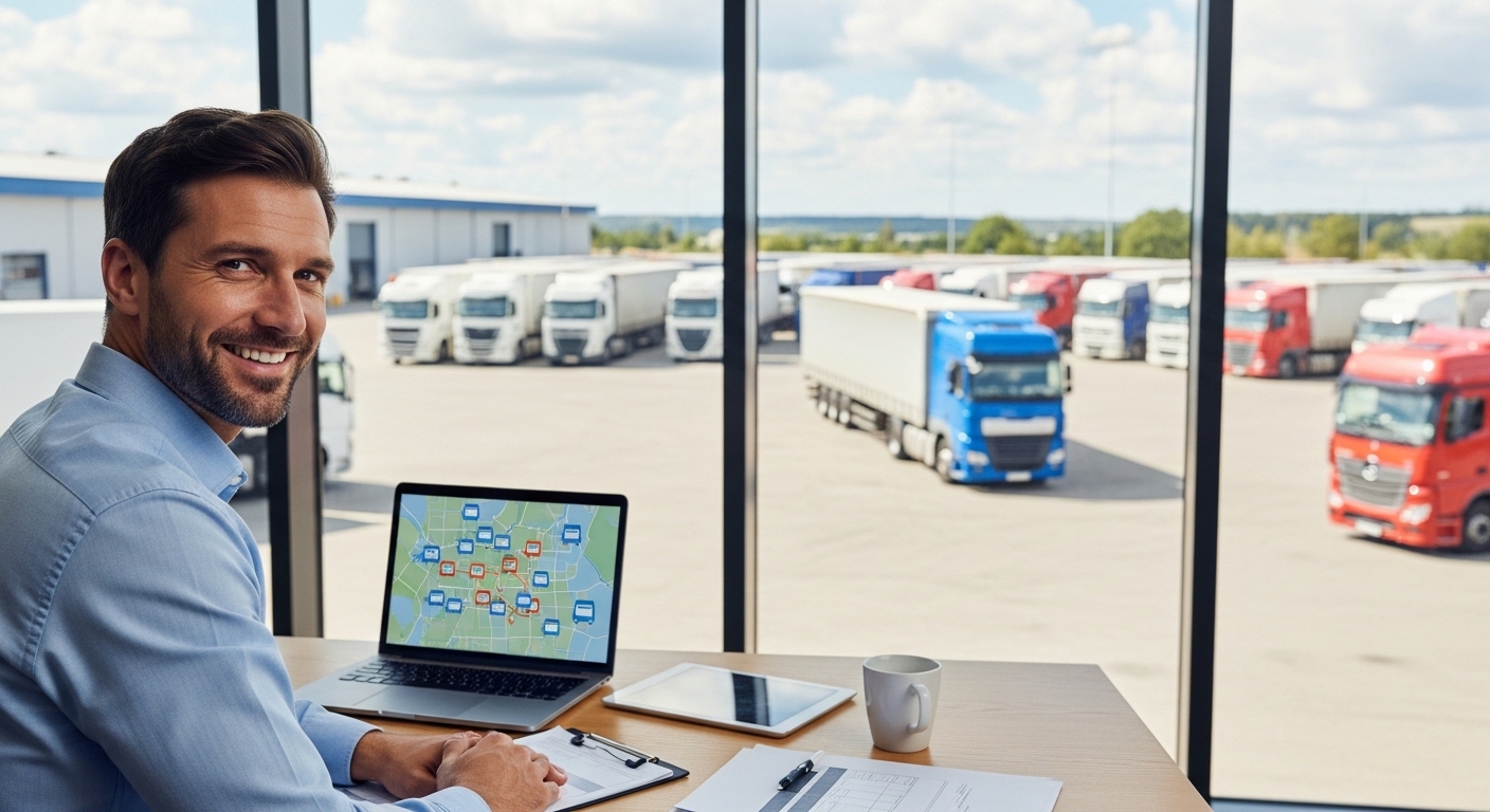 Fleet manager at desk with trucks visible in yard background