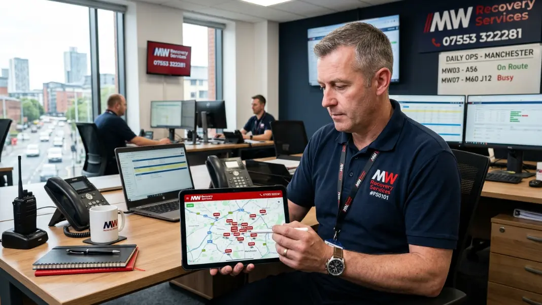 Fleet manager reviewing vehicle tracking map of Manchester road network