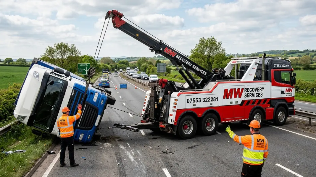 Heavy-duty rotator recovery truck winching a tipped-over lorry cab back onto its wheels