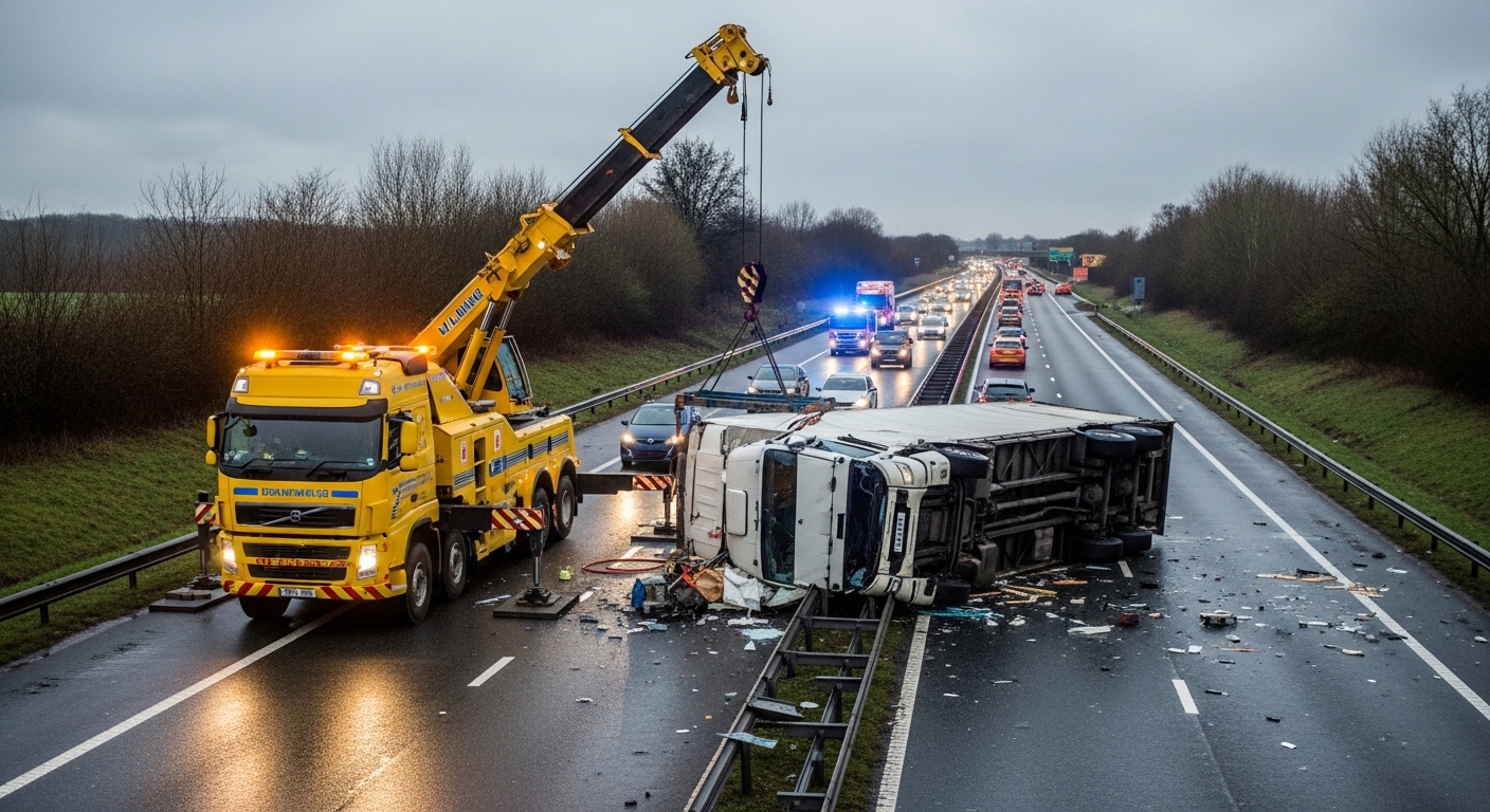 Heavy recovery vehicle working on articulated lorry on motorway