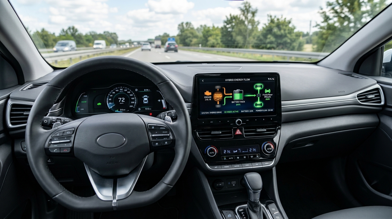 Hybrid car interior dashboard showing hybrid system energy display