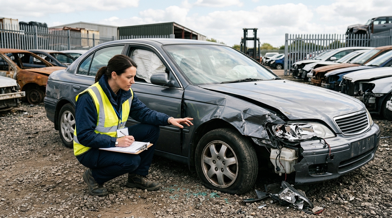 Insurance assessor inspecting a damaged vehicle in a secure storage yard in Manchester