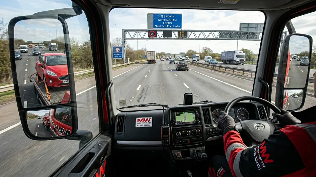Interior view from a flatbed tow truck cab driving on a UK motorway