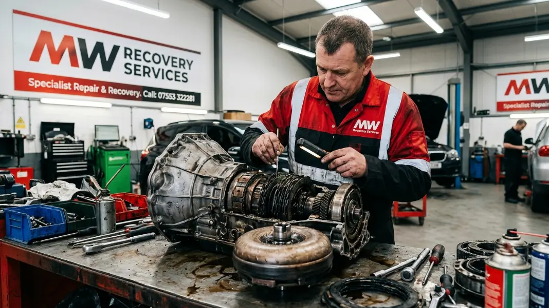 Mechanic inspecting disassembled automatic gearbox on workshop bench