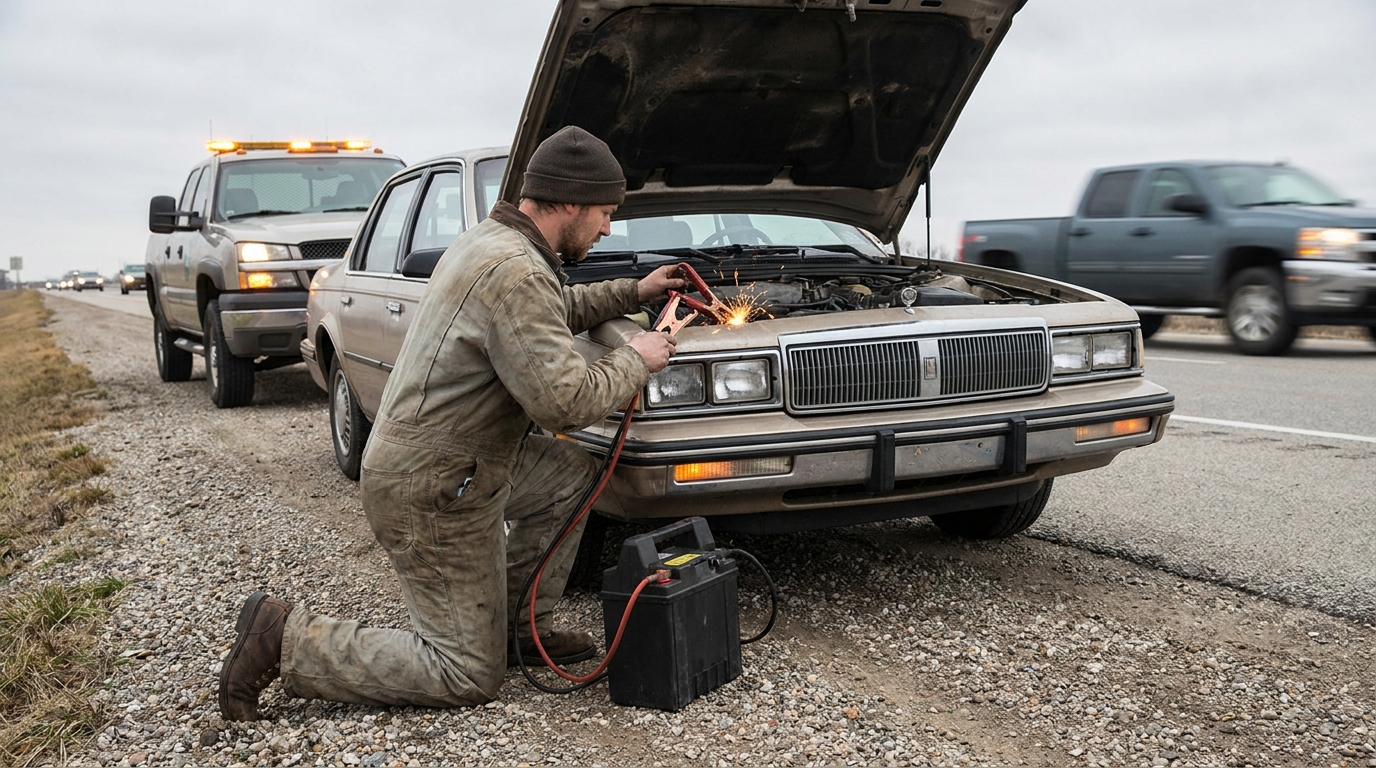 Mechanic jump starting a car battery at roadside in Manchester