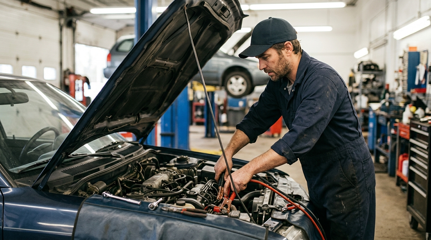 Mechanic checking under the bonnet of a hybrid car at the roadside