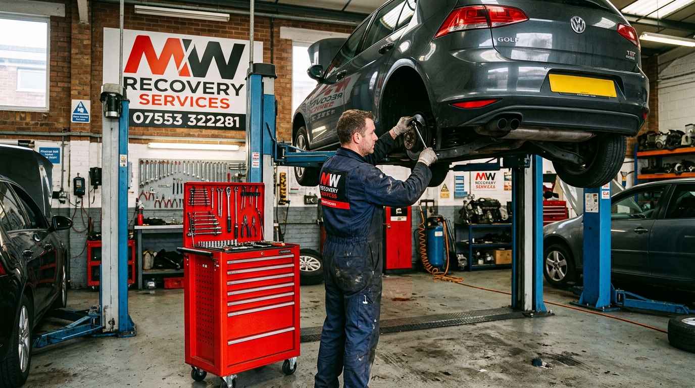 Mechanic working on car on ramp inside workshop