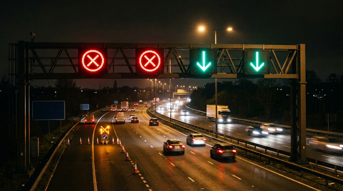 Overhead smart motorway gantry showing lane closure signs on a Manchester motorway at night