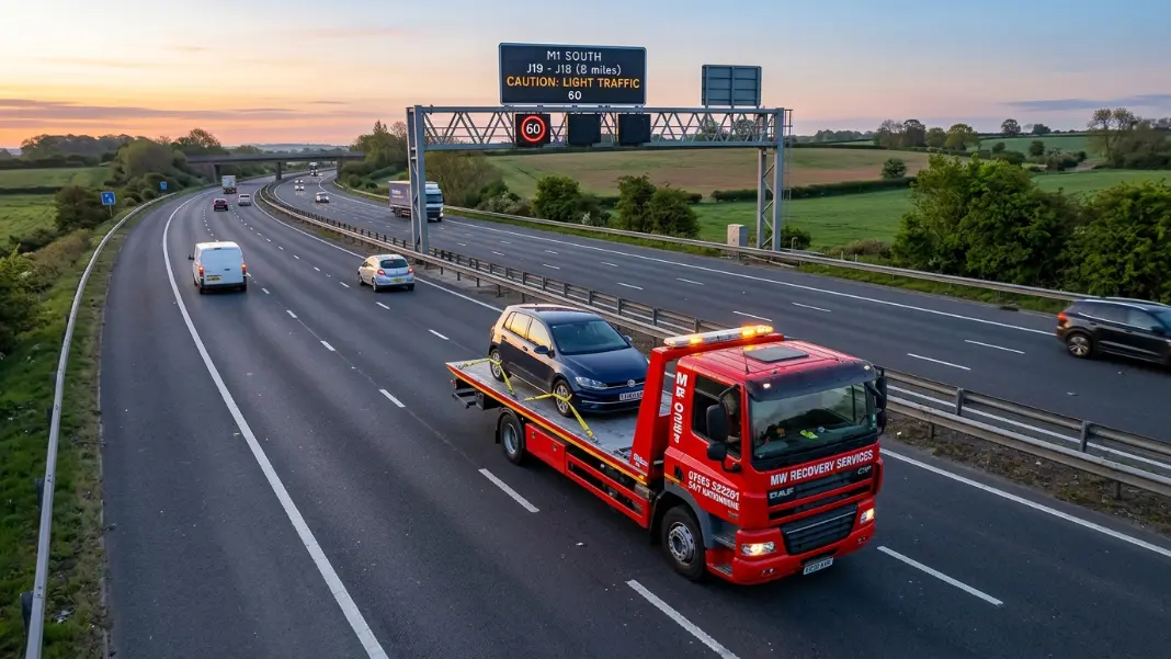 Overhead view of a flatbed recovery truck on a UK motorway with a car strapped on top