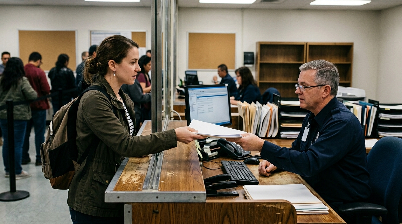 Person presenting documents at an impound office counter to arrange vehicle release in Manchester