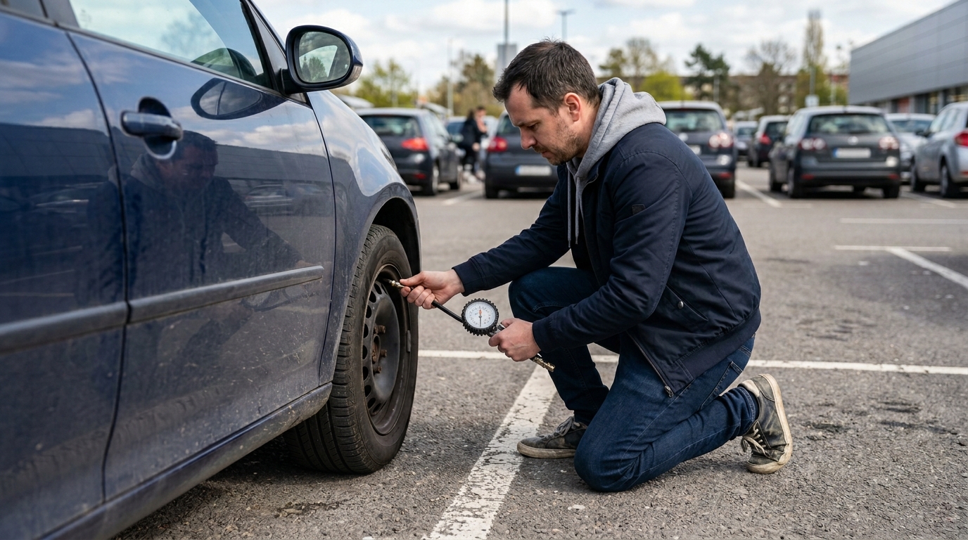 Checking tyre pressure with a gauge to prevent motorway blowouts in Greater Manchester