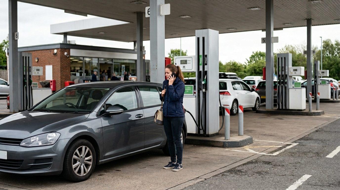 Person on the phone next to their car at a petrol station after misfuelling