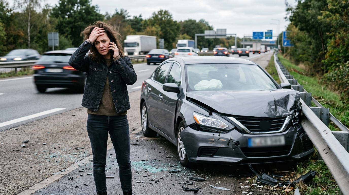 Driver on the phone at a roadside accident scene waiting for insurance and recovery assistance