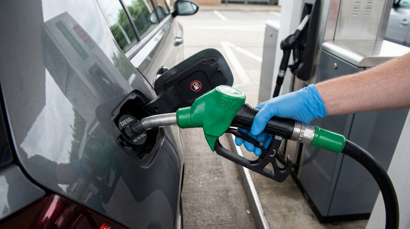 Petrol pump nozzle inserted into a diesel car filler cap