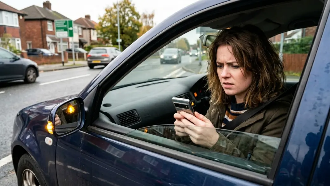 Driver in broken-down car looking at phone trying to find recovery help