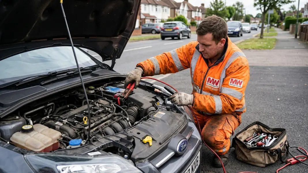 Recovery technician jump-starting a car battery at the roadside in Manchester