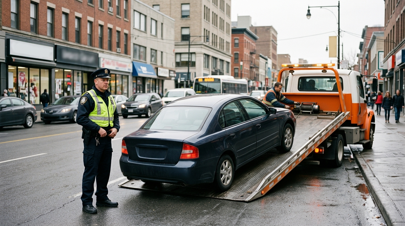 Police officer standing next to a car being loaded onto a recovery truck after vehicle seizure