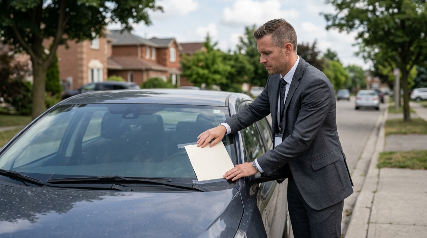 Enforcement agent placing a repossession notice on a car windscreen